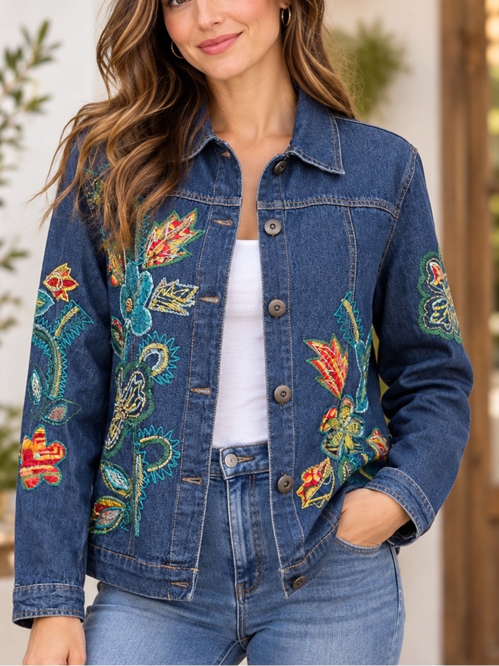 Coldwater Creek Embroidered Floral Denim Jacket Medium Boho Blue Jean Coat